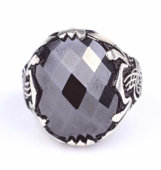 925 Ayar Gümüş Tuğra Desenli Oval Oniks Taşlı Erkek Yüzük - Resim 5