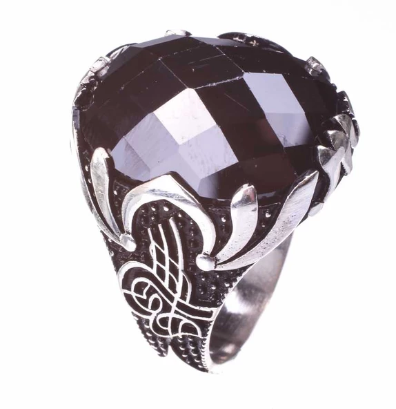 925 Ayar Gümüş Tuğra Desenli Oval Oniks Taşlı Erkek Yüzük - Resim 3