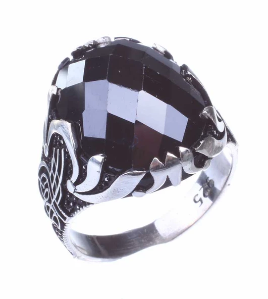 925 Ayar Gümüş Tuğra Desenli Oval Oniks Taşlı Erkek Yüzük - Resim 2