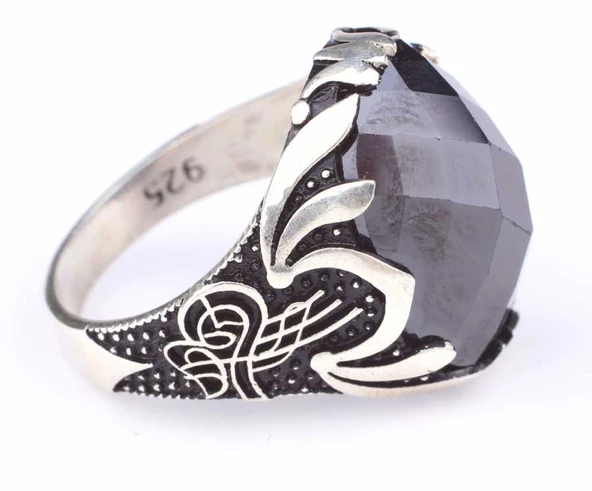 925 Ayar Gümüş Tuğra Desenli Oval Oniks Taşlı Erkek Yüzük - Resim 6