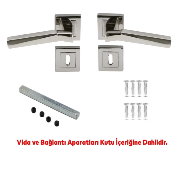 Nobel Meridyen Kare Rozetli Oda Kapı Kolu Sağa ve Sola Uygun Nikel Saten 1 Takım - Resim 2