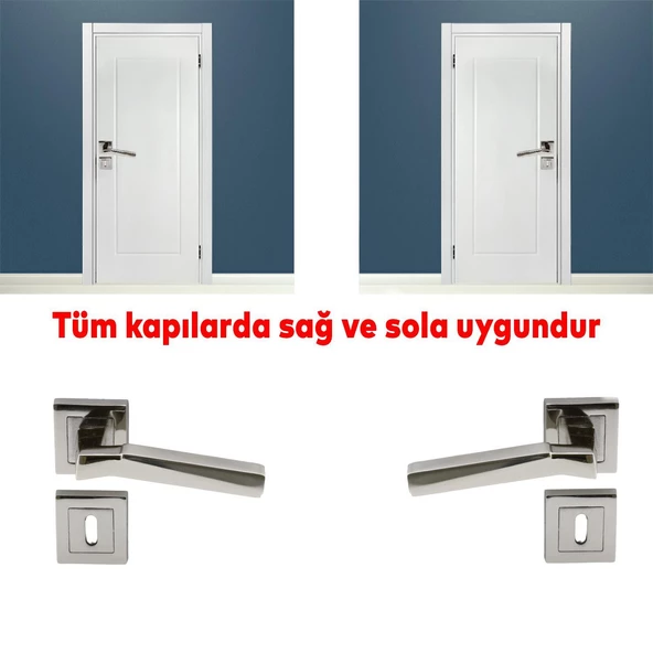 Nobel Meridyen Kare Rozetli Oda Kapı Kolu Sağa ve Sola Uygun Nikel Saten 1 Takım - Resim 3