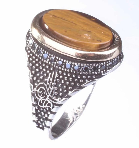 925 Ayar Gümüş Kaplangözü Taşlı Erkek Yüzük - Resim 3