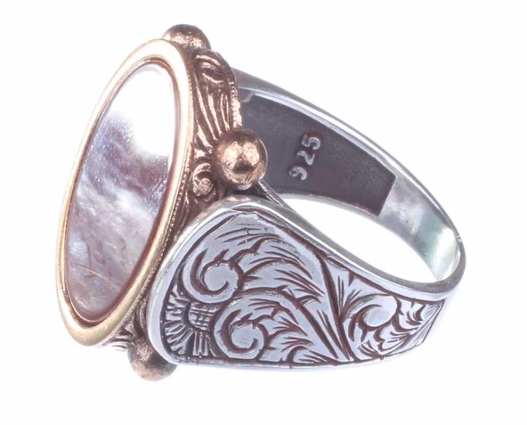 925 Ayar Gümüş ve Bronz Karışımı Oval Akik Taş Erkek Yüzük - Resim 5