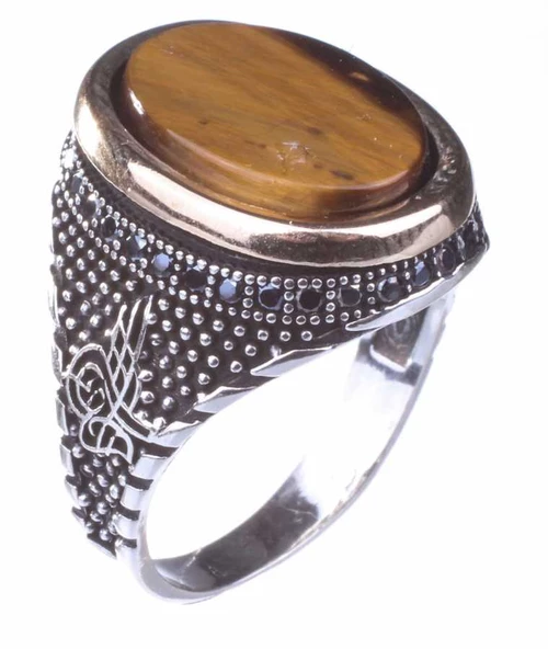 925 Ayar Gümüş Kaplangözü Taşlı Erkek Yüzük - Resim 5