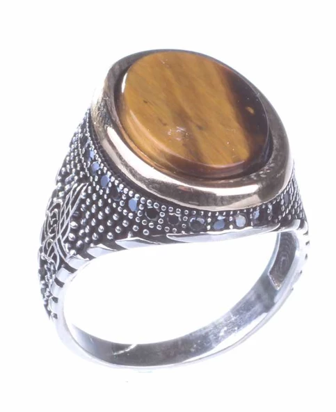 925 Ayar Gümüş Kaplangözü Taşlı Erkek Yüzük - Resim 7