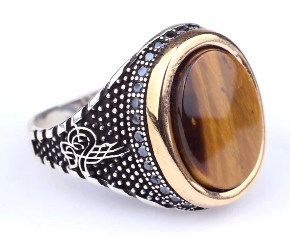 925 Ayar Gümüş Kaplangözü Taşlı Erkek Yüzük ürün görseli 1