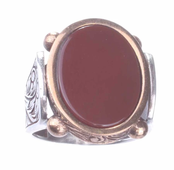 925 Ayar Gümüş ve Bronz Karışımı Oval Akik Taş Erkek Yüzük - Resim 2