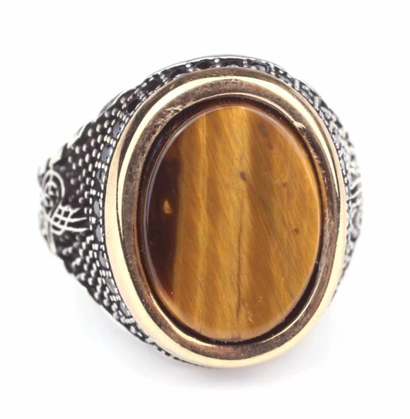 925 Ayar Gümüş Kaplangözü Taşlı Erkek Yüzük - Resim 4