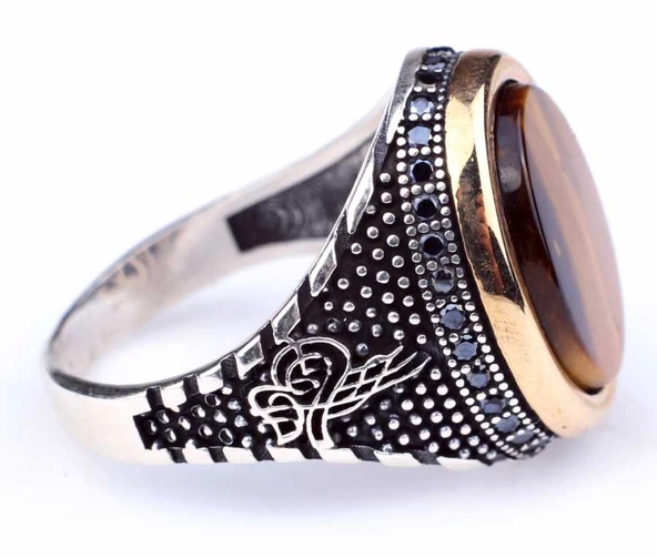 925 Ayar Gümüş Kaplangözü Taşlı Erkek Yüzük - Resim 6