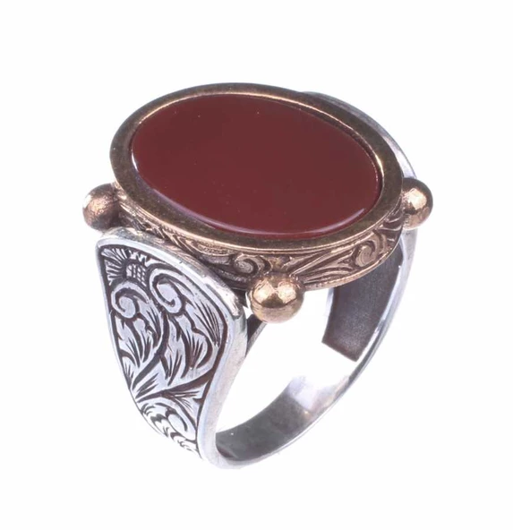 925 Ayar Gümüş ve Bronz Karışımı Oval Akik Taş Erkek Yüzük ürün görseli