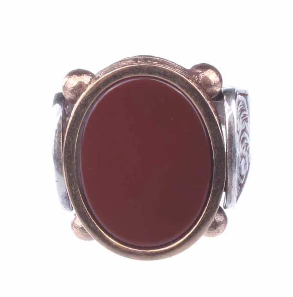 925 Ayar Gümüş ve Bronz Karışımı Oval Akik Taş Erkek Yüzük - Resim 4