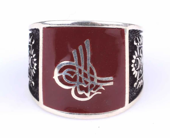 925 Ayar Gümüş Osmanlı Tuğrası ve Arması Desenli Kırmızı Mineli Erkek Yüzük - Resim 7