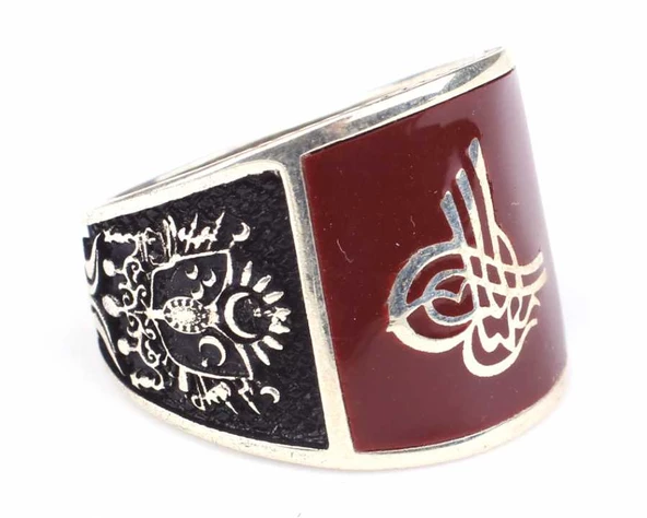 925 Ayar Gümüş Osmanlı Tuğrası ve Arması Desenli Kırmızı Mineli Erkek Yüzük ürün görseli