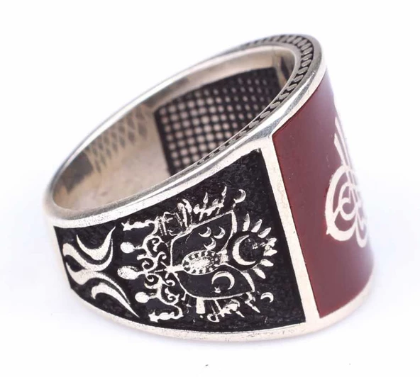 925 Ayar Gümüş Osmanlı Tuğrası ve Arması Desenli Kırmızı Mineli Erkek Yüzük - Resim 6