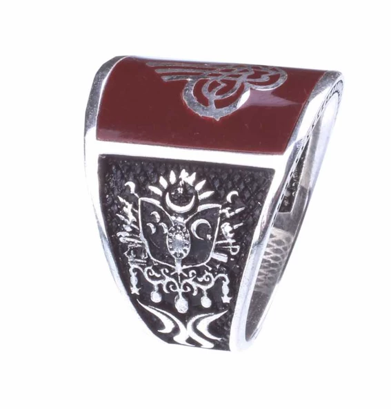 925 Ayar Gümüş Osmanlı Tuğrası ve Arması Desenli Kırmızı Mineli Erkek Yüzük - Resim 3