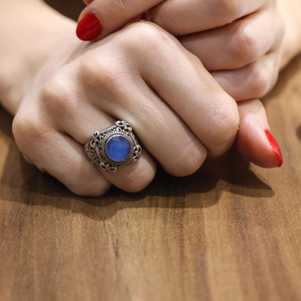 925 Ayar Gümüş Mavi Kalsedon Tasarım Yüzük ürün görseli