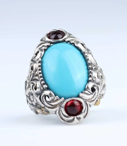 925 Ayar Gümüş Turkuaz Taşlı Tasarım Yüzük - Resim 5