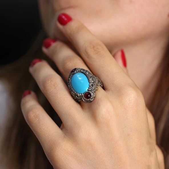 925 Ayar Gümüş Turkuaz Taşlı Tasarım Yüzük ürün görseli 1