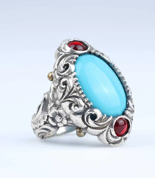 925 Ayar Gümüş Turkuaz Taşlı Tasarım Yüzük - Resim 4