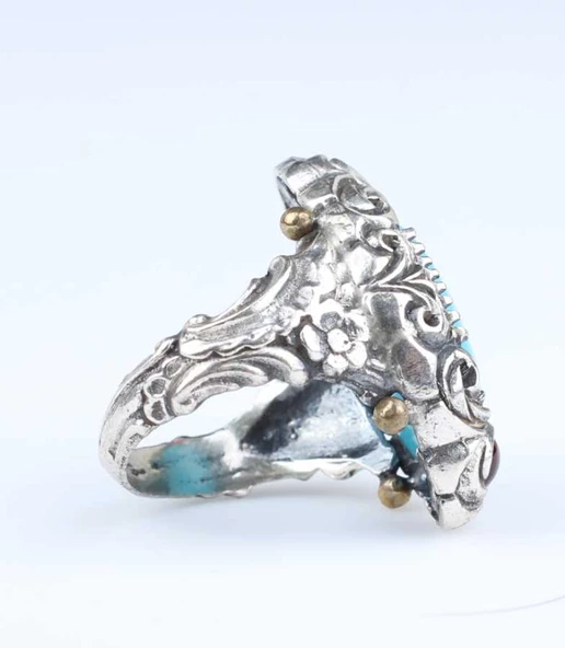 925 Ayar Gümüş Turkuaz Taşlı Tasarım Yüzük - Resim 3