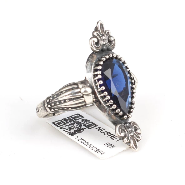925 Ayar Gümüş Damla Safir Taşlı Tasarım Yüzük ürün görseli 1