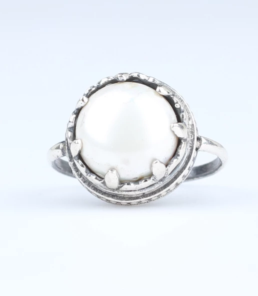 925 Ayar Gümüş İnci Taşlı Tasarım Yüzük - Resim 2