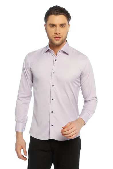 Siyah Micro Kumaş Kol Düğmeli Slim Fit Düz Renk Gömlek - 201-6 - Resim 2