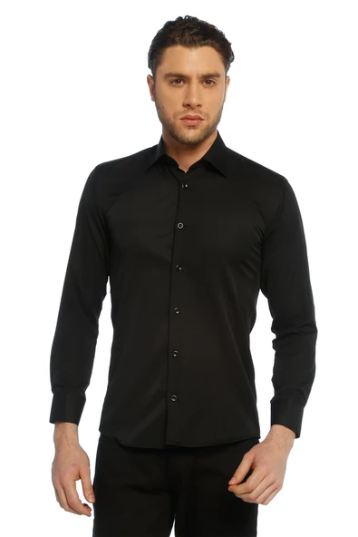 Siyah Micro Kumaş Kol Düğmeli Slim Fit Düz Renk Gömlek - 201-6 - Resim 3