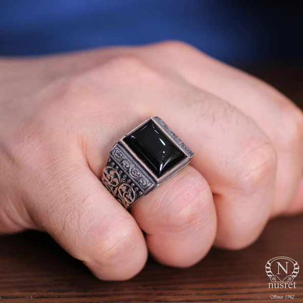 925 Ayar Gümüş Oniks Taşlı El Kalemli Erkek Yüzük - Resim 5