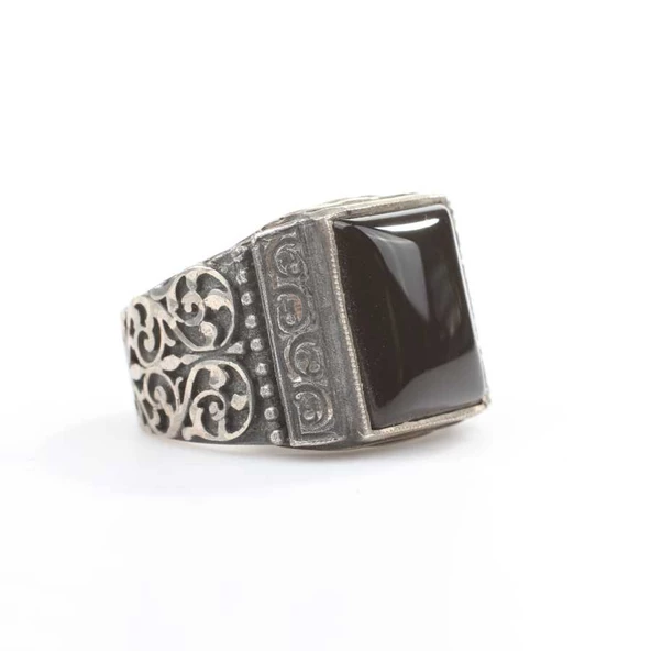925 Ayar Gümüş Oniks Taşlı El Kalemli Erkek Yüzük ürün görseli