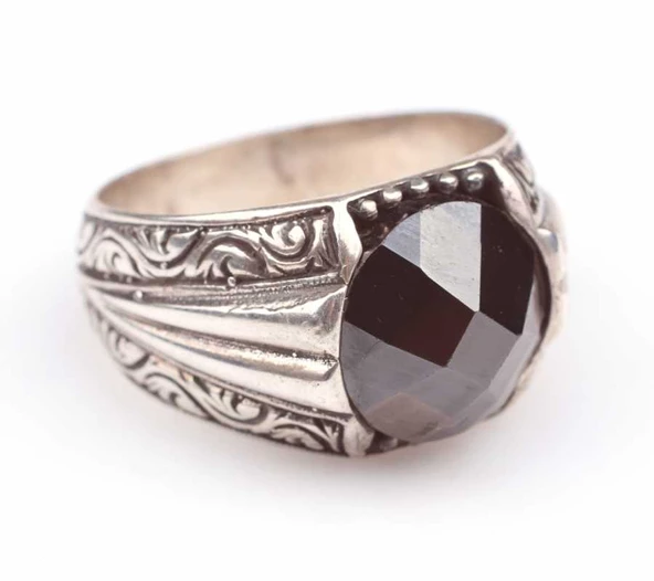 925 Ayar Gümüş Oval Fasetli Oniks Taşlı Erkek Yüzük - Resim 3