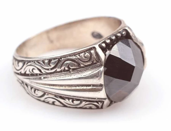 925 Ayar Gümüş Oval Fasetli Oniks Taşlı Erkek Yüzük - Resim 4