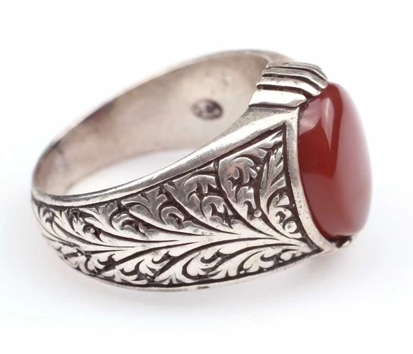 925 Ayar Gümüş Kırmızı Akik Taşlı İşlemeli Erkek Yüzük - Resim 4