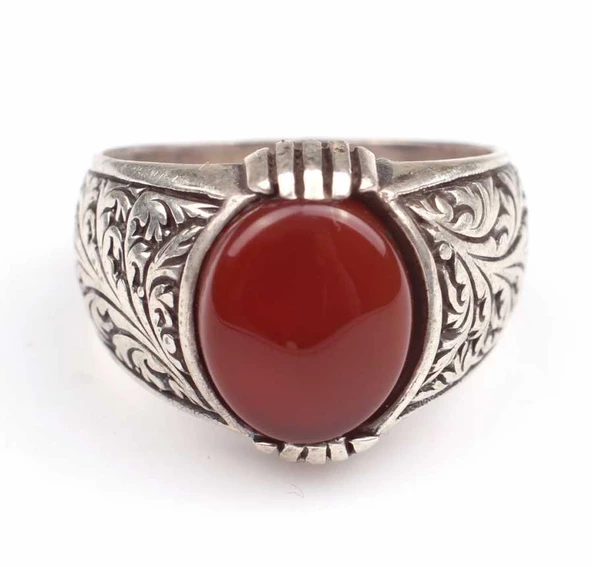 925 Ayar Gümüş Kırmızı Akik Taşlı İşlemeli Erkek Yüzük - Resim 6