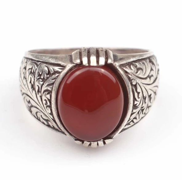 925 Ayar Gümüş Kırmızı Akik Taşlı İşlemeli Erkek Yüzük - Resim 5