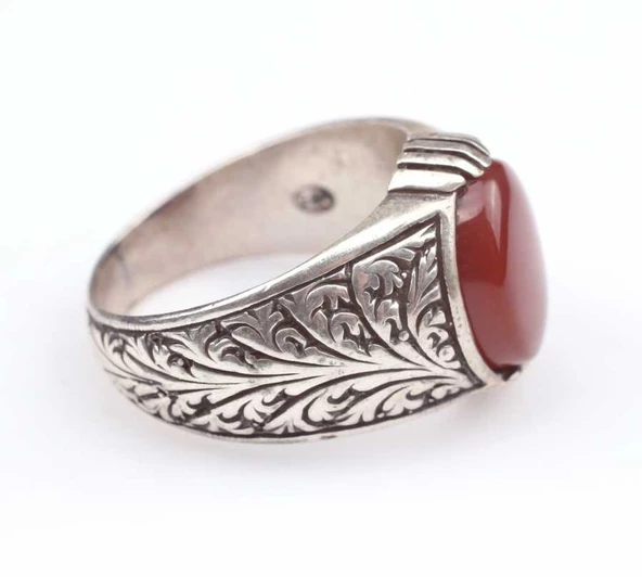 925 Ayar Gümüş Kırmızı Akik Taşlı İşlemeli Erkek Yüzük - Resim 7