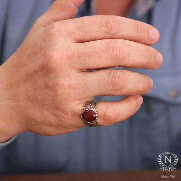 925 Ayar Gümüş Kırmızı Akik Taşlı İşlemeli Erkek Yüzük - Resim 9