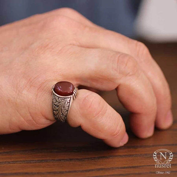 925 Ayar Gümüş Kırmızı Akik Taşlı İşlemeli Erkek Yüzük - Resim 8