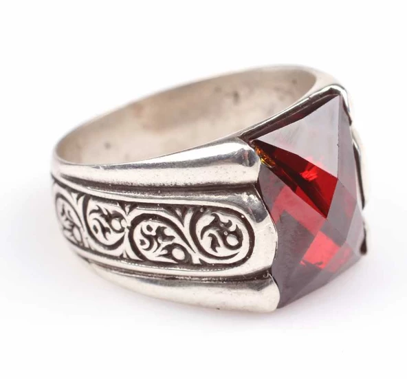 925 Ayar Gümüş Kare Sentetik Yakut Taşlı İşlemeli Erkek Yüzük - 4