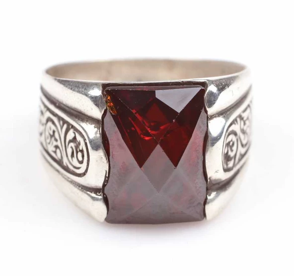 925 Ayar Gümüş Kare Sentetik Yakut Taşlı İşlemeli Erkek Yüzük - 6