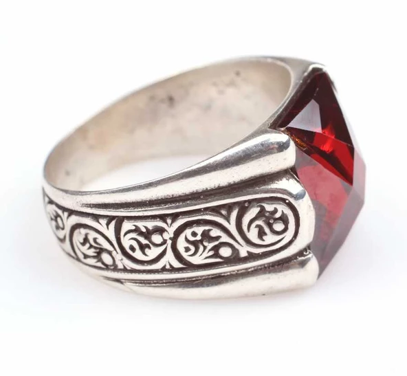 925 Ayar Gümüş Kare Sentetik Yakut Taşlı İşlemeli Erkek Yüzük - 5