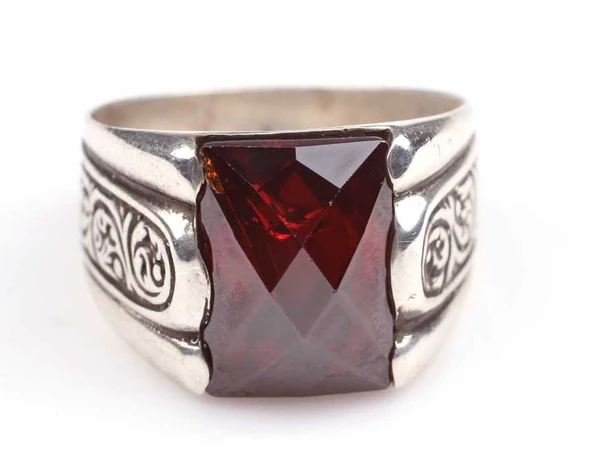 925 Ayar Gümüş Kare Sentetik Yakut Taşlı İşlemeli Erkek Yüzük - 7