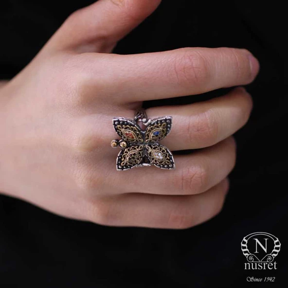 925 Ayar Gümüş Taşlı Kelebekli Antik Tasarım Yüzük - Resim 8