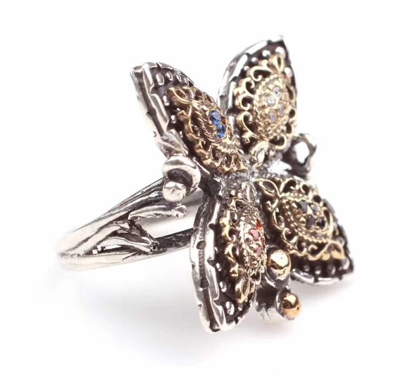 925 Ayar Gümüş Taşlı Kelebekli Antik Tasarım Yüzük - Resim 3