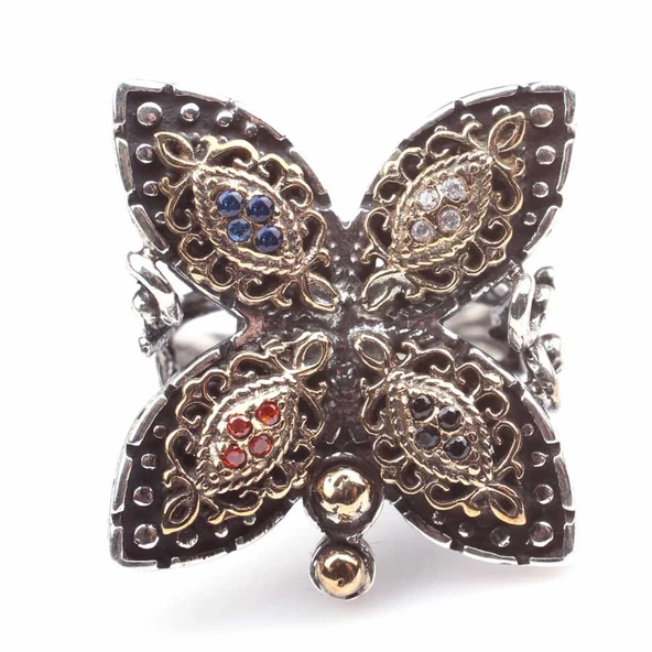 925 Ayar Gümüş Taşlı Kelebekli Antik Tasarım Yüzük - Resim 5