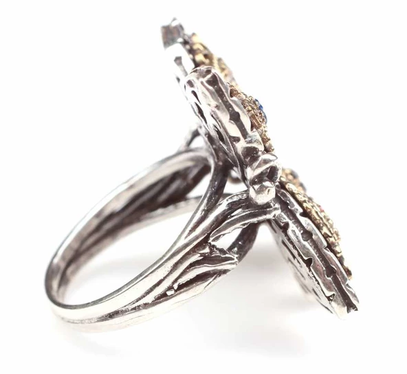 925 Ayar Gümüş Taşlı Kelebekli Antik Tasarım Yüzük - Resim 4