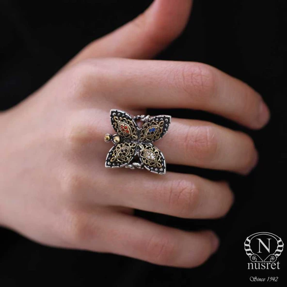 925 Ayar Gümüş Taşlı Kelebekli Antik Tasarım Yüzük - Resim 7