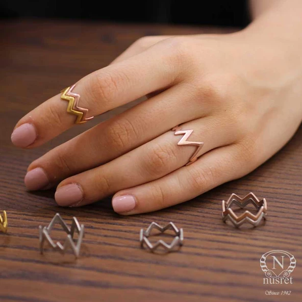 925 Ayar Gümüş Zikzak Yüzük, Sarı - Resim 2