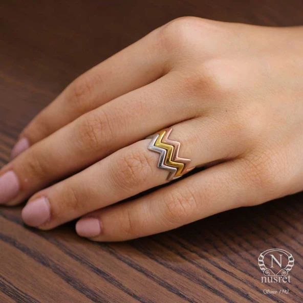 925 Ayar Gümüş Zikzak Yüzük, Pembe - Resim 4